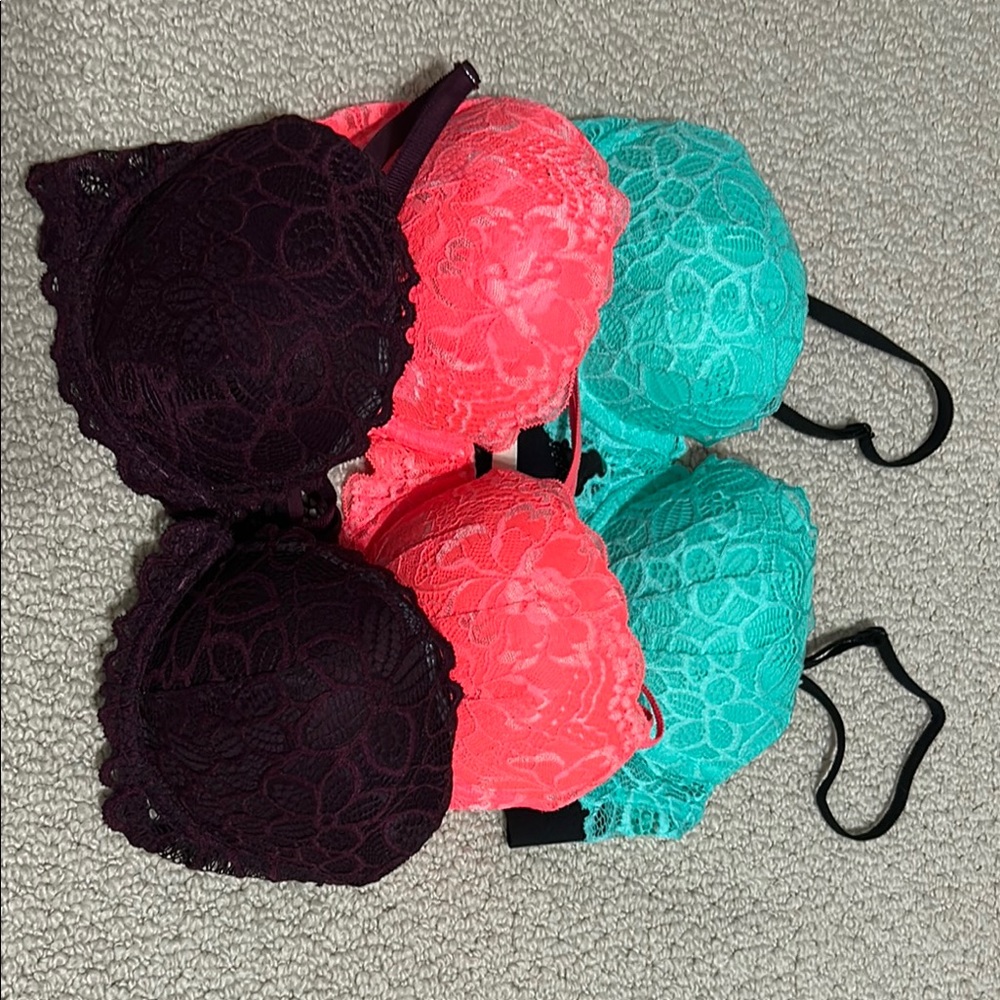 Lace Underwire Bra Set - Burgandy, Bright Coral and Teal push up PINK bras